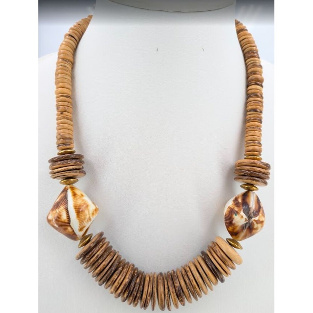 Vintage Coconut Shell Disc Necklace Natural Shell Beads Brown Gold Tone 22in 98g